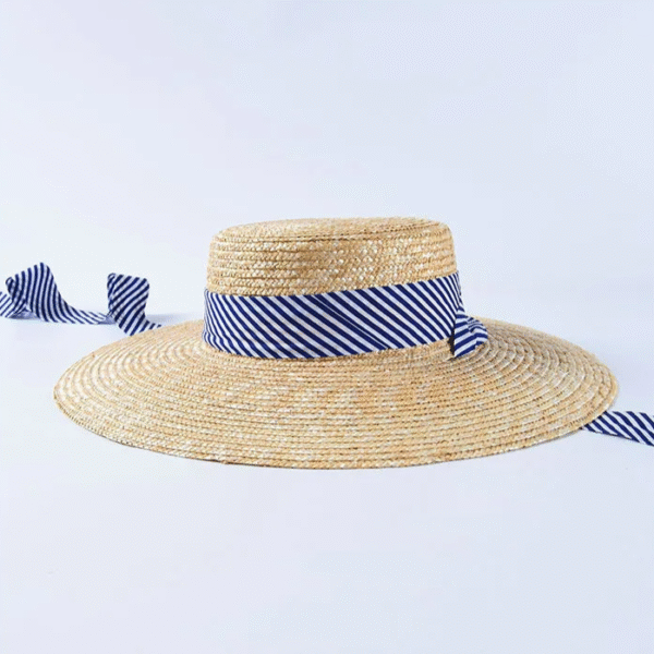 Chapeau de paille élégant à large bord avec ruban rayé – Image 1