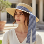 Chapeau de paille élégant à large bord avec ruban rayé