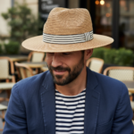 Chapeau Panama en paille tressée avec ruban rayé kaki et noir