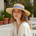 Chapeau de paille élégant à large bord avec ruban rayé – Image 13