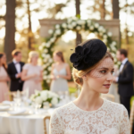 Chapeau de mariage élégant avec fleur et voile en filet – Image 22