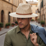 Chapeau fedora beige en paille avec lanière cuir – Image 8