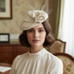 Chapeau de mariage élégant avec fleur et voile en filet – Image 6