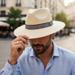 Chapeau Panama tressé avec ruban chevron noir et blanc