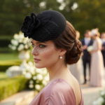 Chapeau de mariage élégant avec fleur et voile en filet – Image 20