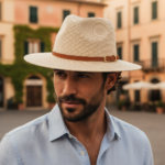 Chapeau fedora beige en paille avec lanière cuir