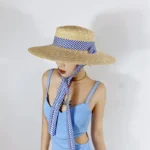 Chapeau de paille élégant à large bord avec ruban rayé – Image 2