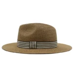 Chapeau Panama en paille tressée avec ruban rayé beige et noir – Image 3