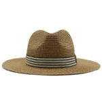 Chapeau Panama en paille tressée avec ruban rayé beige et noir – Image 2