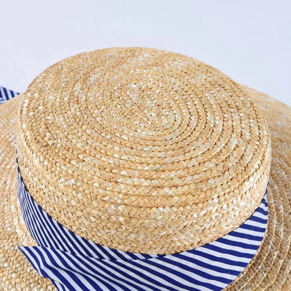 Chapeau de paille élégant à large bord avec ruban rayé – Image 4