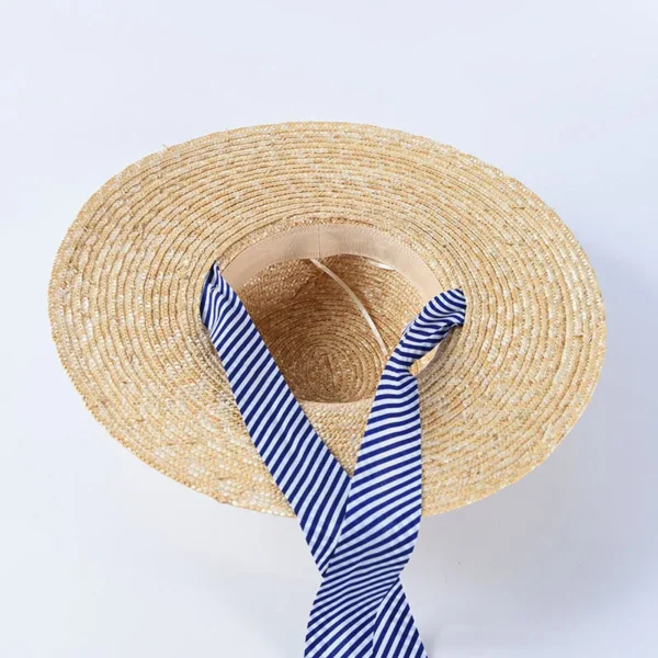Chapeau de paille élégant à large bord avec ruban rayé – Image 5