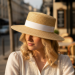 Chapeau canotier en paille tressée et ruban raffiné