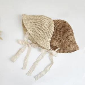 Chapeau de paille bébé avec nœud en dentelle