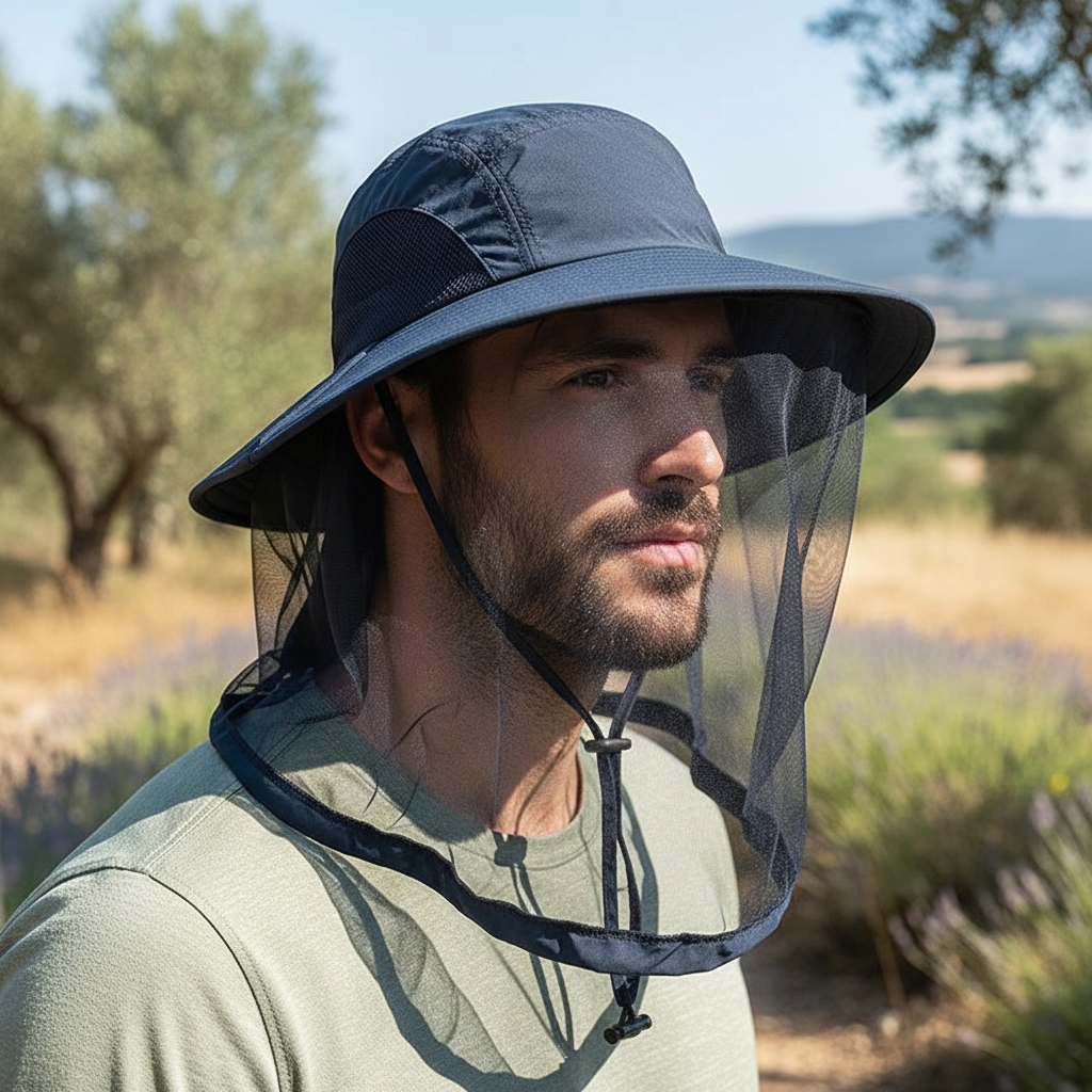 Whisk_a7ea79d9f2a5c9b9bc64ce965862ef9ddr Chapeau anti-UV avec moustiquaire intégrée – Image 1