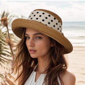 Chapeau de paille  pour femme avec ruban à pois