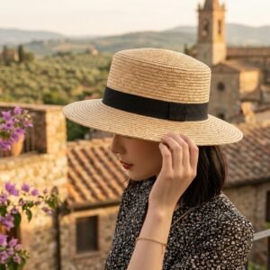 Chapeau de Soleil Canotier Anti-UV UPF 50+ en Paille de Blé avec Ruban Noir