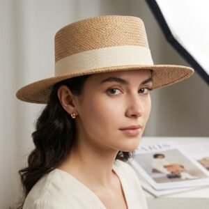 Chapeau de paille style canotier élégant pour femme