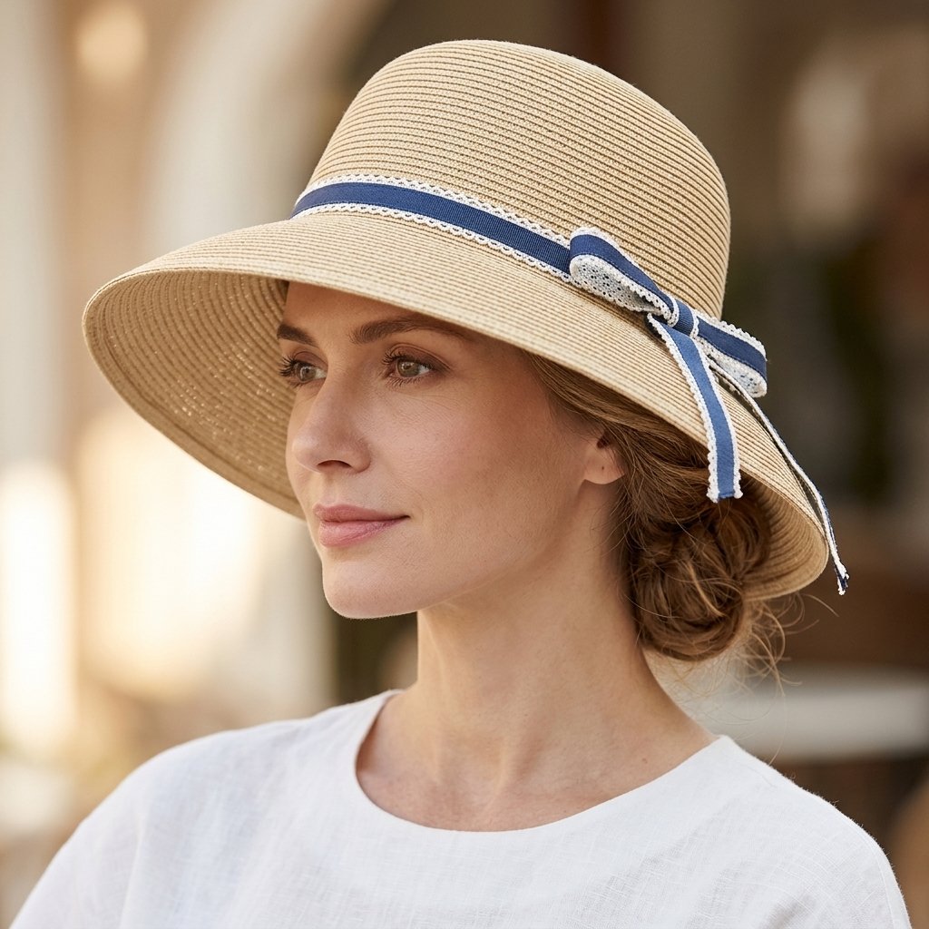 Woman_wearing_hat_close-up_202606151924 (3) Chapeau de soleil pour femme en paille tricotée – Image 1