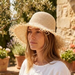 Chapeau de paille décontracté en papier pour femme avec bords frangés