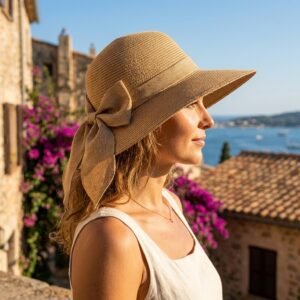 Chapeau de soleil élégant en paille avec nœud décoratif