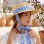 Chapeau de Soleil Canotier en Paille pour Femme Ruban de Serrage Rayé Bleu et Blanc