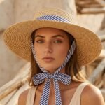 Chapeau de Soleil Canotier en Paille pour Femme Ruban de Serrage Rayé Bleu et Blanc – Image 2