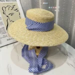 Chapeau de Soleil Canotier en Paille pour Femme Ruban de Serrage Rayé Bleu et Blanc – Image 5