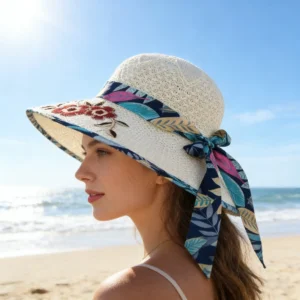 Chapeau de soleil motif floral et protection solaire