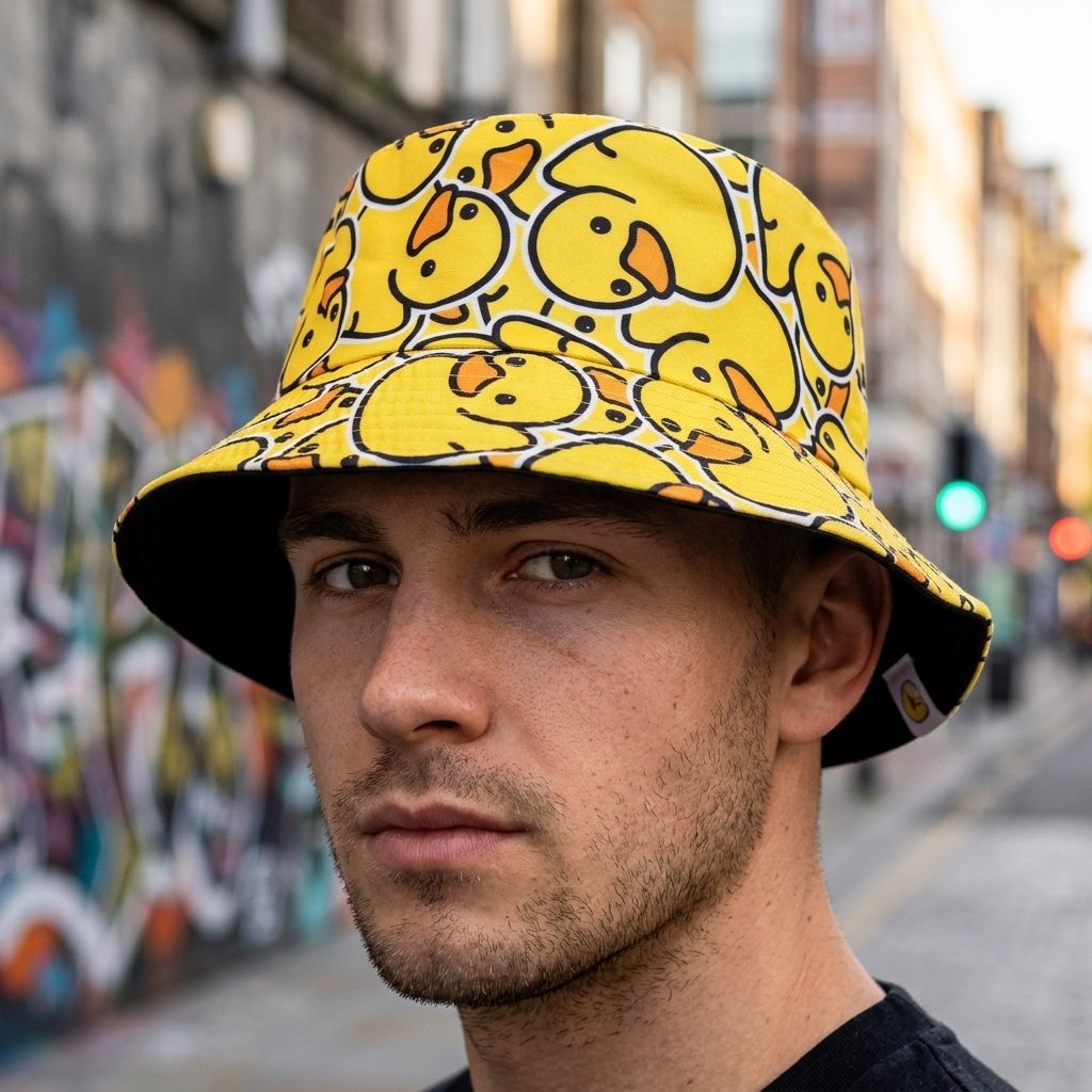 Man_wearing_hat_urban_setting_202607012009 (2) Bob réversible jaune à motif canards – Image 1