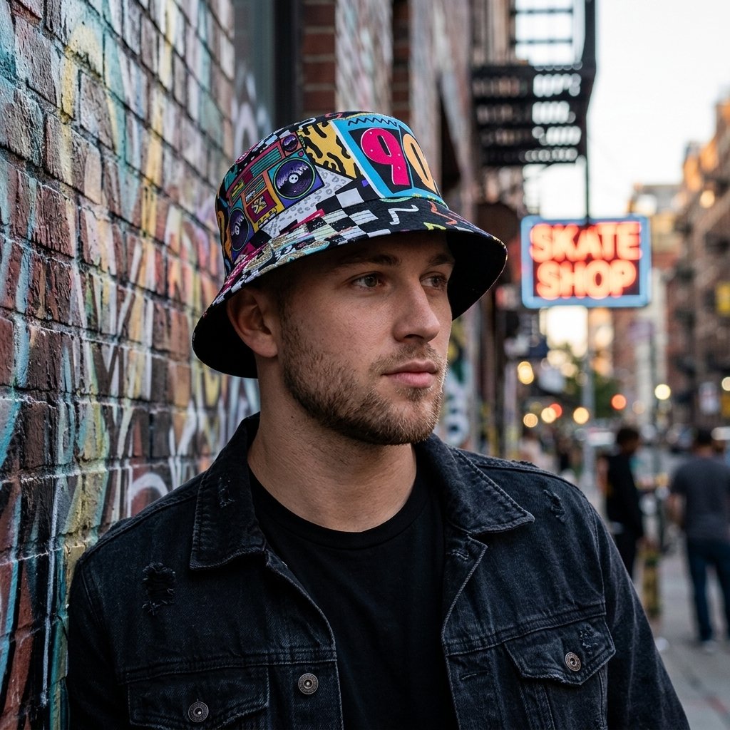 Man_wearing_hat_urban_setting_202607012027 Chapeau bob rétro au style années 90 – Image 1