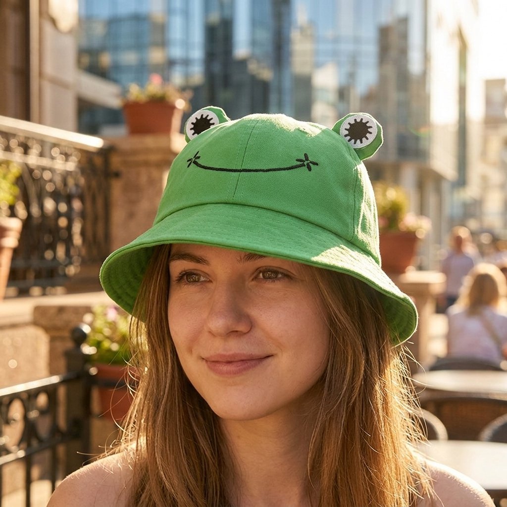 Woman_wearing_hat_in_city_202607012244 Chapeau bob grenouille ludique – Image 1