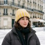 Bonnet rayé jaune et blanc en maille pelucheuse fluffy – Image 3