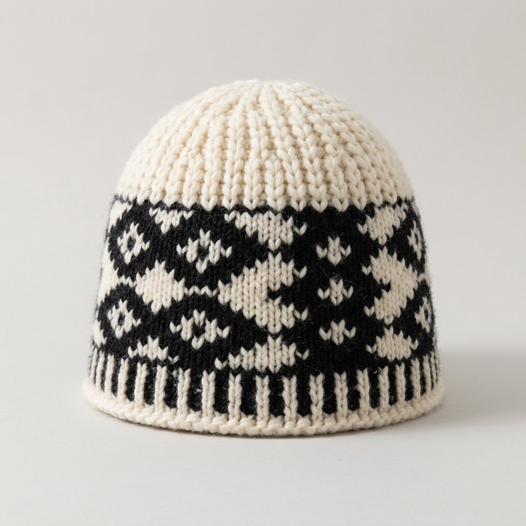 Isolate_hat_for_product_shot_20261015112803 Bonnet dôme blanc cassé et noir à motifs jacquard géométriques – Image 1