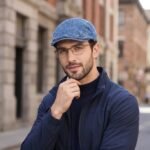 Casquette plate en denim bleu délavé avec surpiqûres