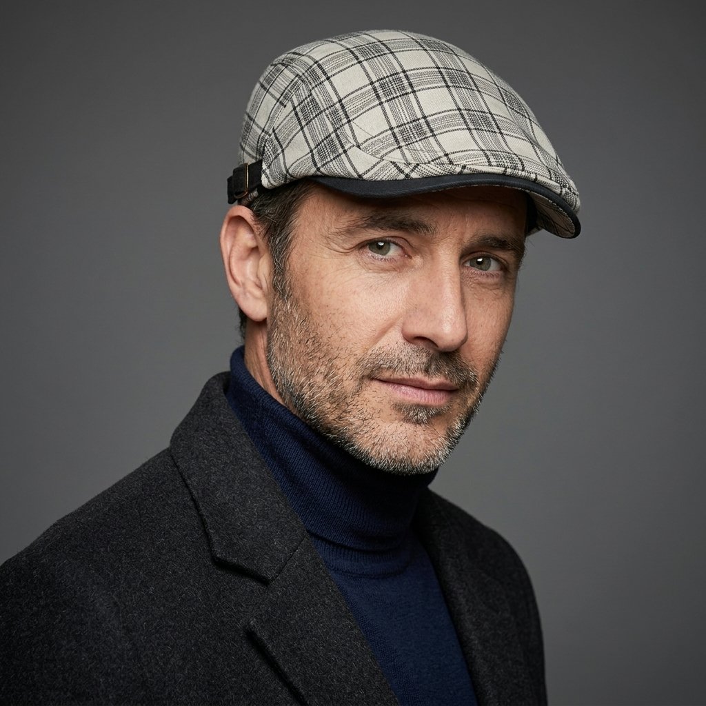 Man_wearing_hat_portrait_20261013114442 Casquette plate en coton à carreaux style gentleman – Image 1