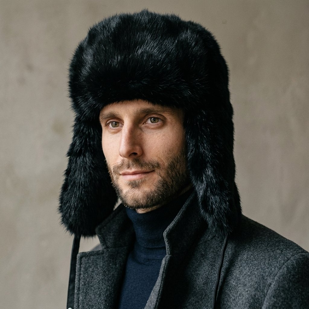 Man_wearing_matching_hat_20261016135701 Chapka ouchanka noire en fausse fourrure effet raton laveur – Image 1