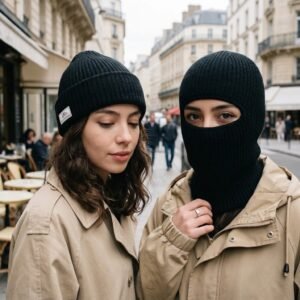 Bonnet cagoule 2-en-1 noir en maille tricotée