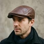 Casquette plate en cuir marron véritable