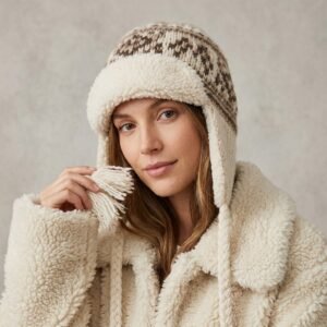 Bonnet péruvien blanc cassé à visière et cache-oreilles motifs jacquard