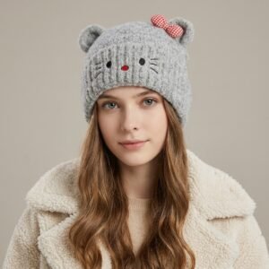 Bonnet tricoté à oreilles de chat et motif nœud rose style kawaii