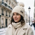 Bonnet blanc crème à torsades et pompon volumineux