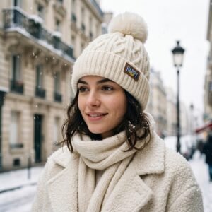 Bonnet blanc crème à torsades et pompon volumineux