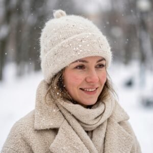 Bonnet beige en maille mohair fluffy