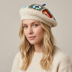 Béret en laine tricoté au crochet style bohème pour femmes