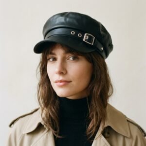 Casquette de marin noire en cuir artificiel avec détails métalliques