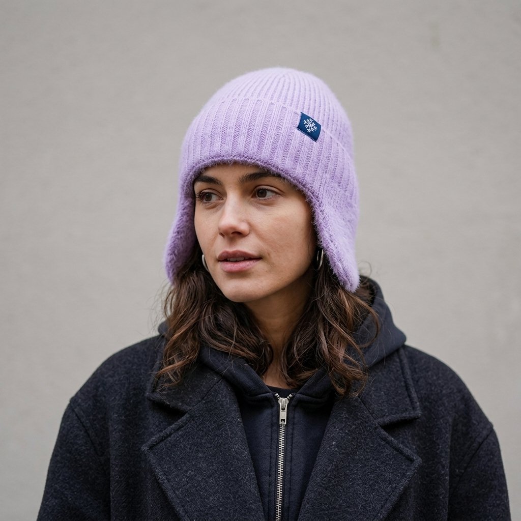 Woman_wearing_hat_portrait_20261015150815 Bonnet péruvien en maille angora fluffy avec cache-oreilles – Image 1