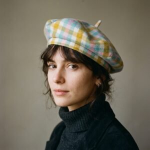 Béret à carreaux multicolores pastel en laine tissée