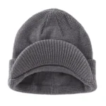 Bonnet à visière gris en laine tricotée double couche – Image 2