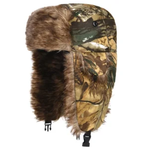 Chapka trappeur à motif camouflage forêt et fausse fourrure