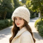 Bonnet beige en maille mohair fluffy – Image 2